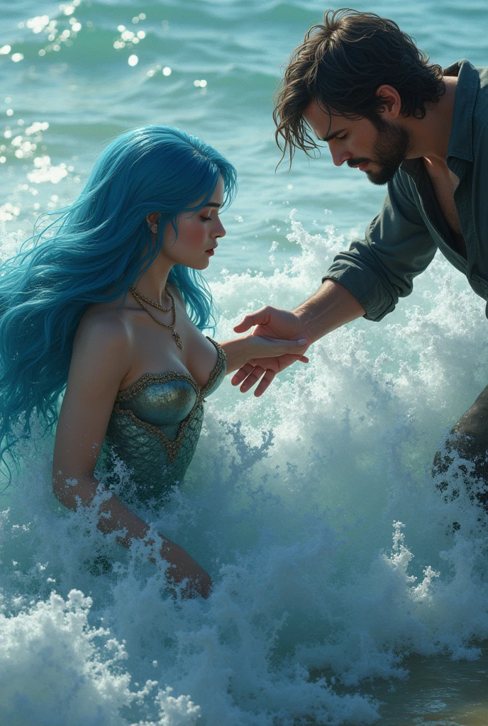 The mermaid trying to return to the sea、A young human man runs into the sea, splashing water as he desperately tries to hold himself back。
The man&#39;s right hand is holding the mermaid&#39;s wrist.。The man has no beard。The man is dressed both top and bottom.。The water is so high that the two of them are unable to see below the waist.。
The blue-haired mermaid princess sadly refuses the man&#39;s hand。
