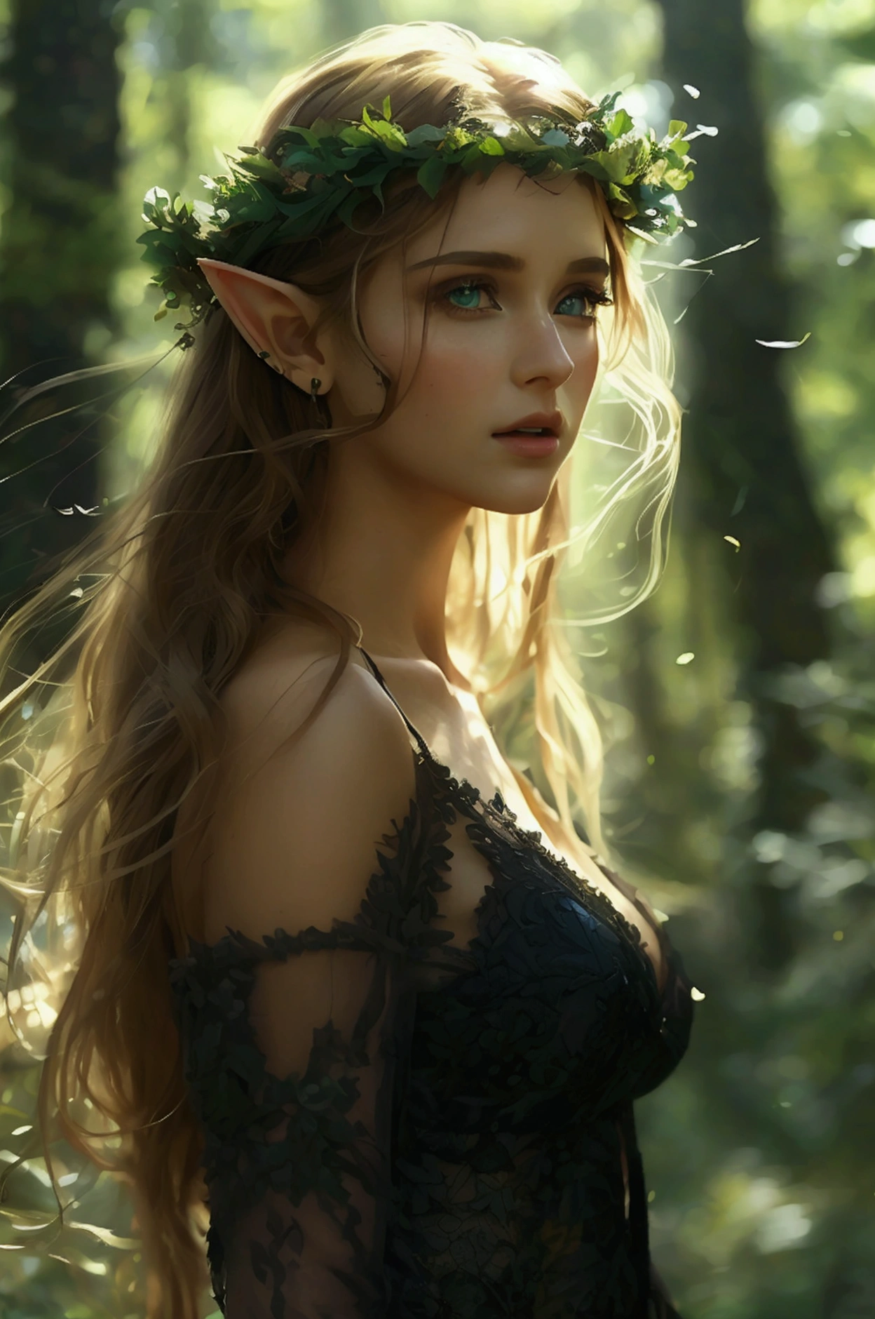 uhd, high details, best quality, woman elf, brunette, oval face, hazel eyes, sexy, long seethrough dress, singing, in the forest