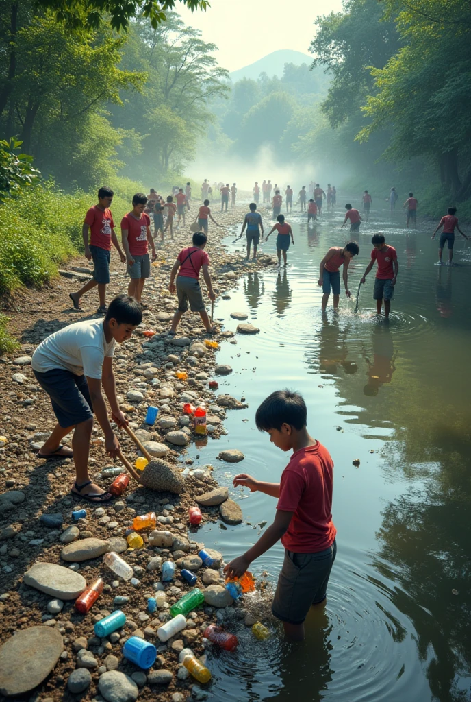 People helping to collect garbage from rivers