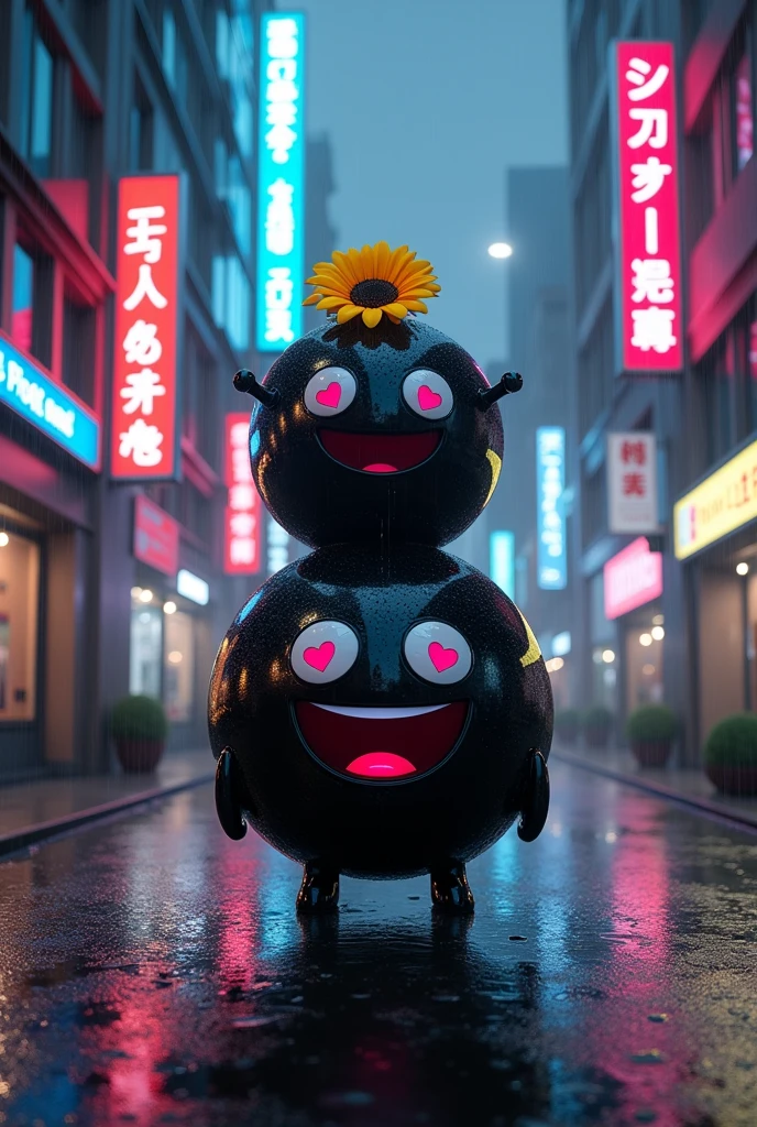 A digital art scene set on a rainy night in a futuristic urban environment, featuring a dark, moody alleyway lined with tall, modern buildings illuminated by vibrant neon signs. The ground is wet and reflective, mirroring the bright lights above. In the center, there is a surreal, stacked figure composed of two black, glossy, balloon-like spheres. The top sphere has glowing pink eyes shaped like hearts and a wide, cheerful smile, with a bright yellow sunflower attached to it. The bottom sphere, larger than the top, also has glowing pink heart-shaped eyes and a wide, smiling mouth. Both spheres are dripping with water, emphasizing the rainy setting. The scene is imbued with a sense of whimsy and contrast, combining the cheerful expressions of the spheres with the dark, rainy urban backdrop. The lighting is soft, with the neon signs casting a colorful glow on the wet pavement, creating a vibrant and dynamic atmosphere.