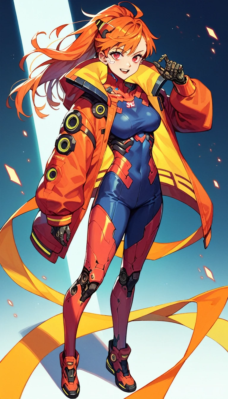 One  anime cybergirl, orange hair, red eyes, detailed cybernetic body,  full body, dark cyberpunk world, anime style
