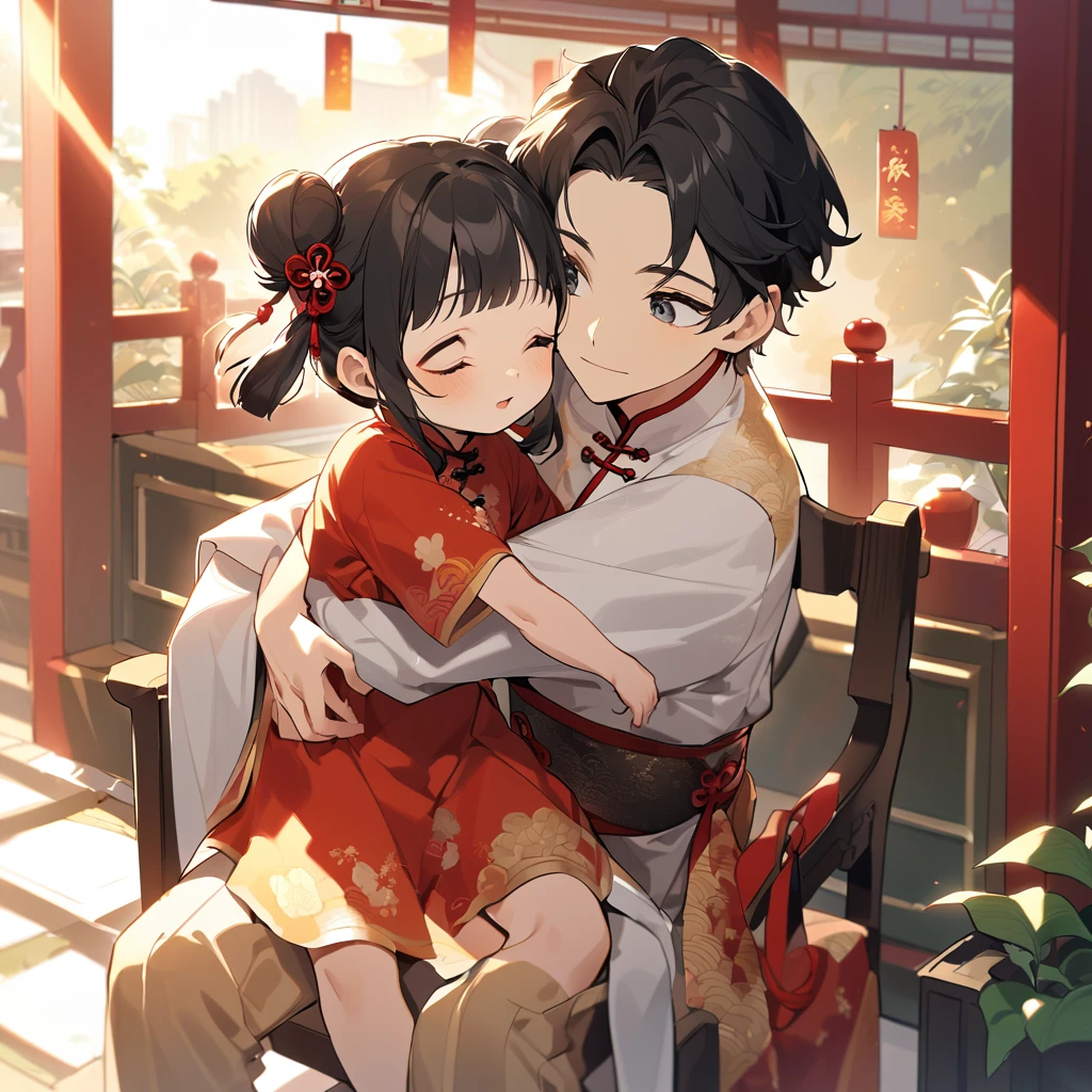 A handsome young man with a good face and a gentle face, wearing a white ancient Chinese costume, sitting on a chair, hugging his little sister, who is 1 year old, with her hair tied in two buns, black hair, in a red Chinese New Year costume. In the morning, there is sunlight shining in the front yard garden.