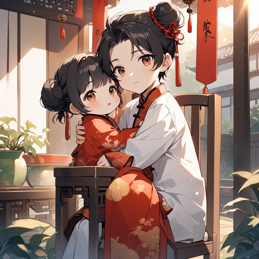 A handsome young man with a good face and a gentle face, wearing a white ancient Chinese costume, sitting on a chair, hugging his little sister, who is 1 year old, with her hair tied in two buns, black hair, in a red Chinese New Year costume. In the morning, there is sunlight shining in the front yard garden.