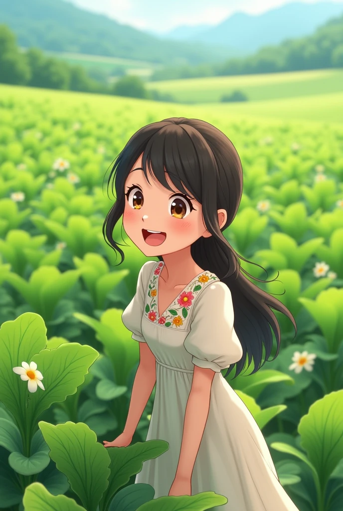 A 25-year-old girl，Wearing a white floral dress，Looking at the water spinach fields，a happy expression，Show your teeth，Anime style，Pixar style，bird&#39;View 3：4，4 figures