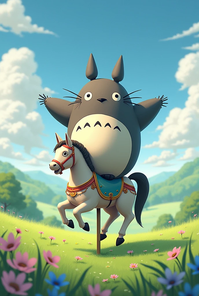 Totoro on a horse in a carousel in pastel colors with glitter