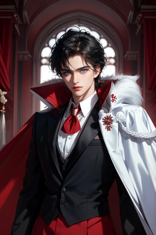masterpiece, 最high quality, high quality, 1 boy, alone, Male focus, Watching the audience, Messy black hair, Adorable big blue eyes, White, Noble, Noble,A sexy, voluminous, puffy cape、tuxedo、A very voluminous, large, very large, very large, long, long red and black cape with a high stand-up collar, made of a lot of fabric that reaches down to the floor., ,Cute beautiful boys,Cute, cute, kind, handsome guy
