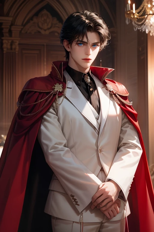 masterpiece, 最high quality, high quality, 1 boy, alone, Male focus, Watching the audience,  Messy black hair, Adorable big blue eyes, White, Noble, Noble,A sexy, voluminous, puffy cape、tuxedo、A very voluminous, large, very large, very large, long, long red and black cape with a high stand-up collar, made of a lot of fabric that reaches down to the floor., ,Cute beautiful boys,Cute, cute, kind, handsome guy