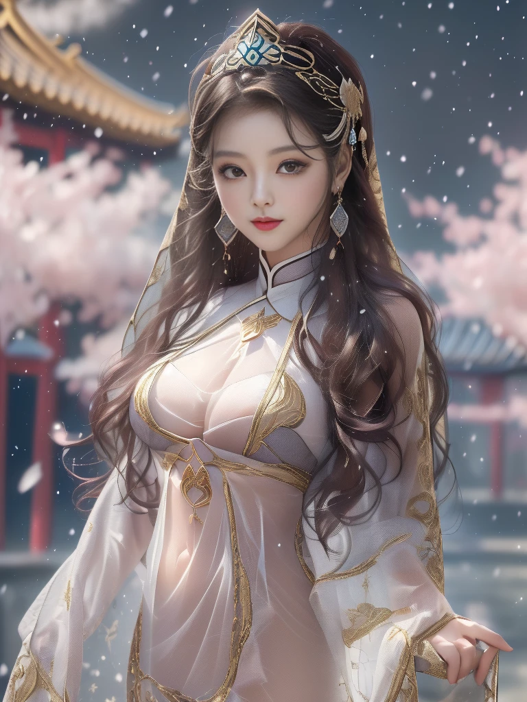 A female model, (Race:Chinese),((Ancient Chinese pavilions at night, moonlight, snow)), (8K Ultra HD, 8K, Ultra-high resolution, best quality, masterpiece, Surrealism, Digital SLR Camera, Soft Light, Bokeh, Masterpieces), ((((Beautiful model-like face))), (Creating the image of a real girl), warm light, Realistic shadows, Dynamic poses, Elegant Posture, Cowboy lens, Full body front view, Be confident, Body facing the camera, Standing facing the camera, Open your legs slightly, Golden Ratio Graphics, Minimalism), (Happy smile, Big watery eyes, Cherry Blossom, Balanced Eyes, Perfect beautiful face, Normal facial features, Realistic skin, Attention to skin details, Skin is clean and radiant, Whitening, Anatomically correct body, Hourglass figure, cosmetic, Gloves, earrings, bracelet, necklace, Jewelry, veil, Hair accessories, Headdress, shawl), ((beautiful hair), Dark brown hair, Big wavy curly hairstyle, Waist-length hair, Messy Hairstyle, Gradient hairstyles, Cyberpunk hairstyle), ((Transparent clothes：1.5), (Color of clothes: Two colors), Transparent Clothes, See-through clothes, Tulle clothes, Mesh clothes, Transparent sci-fi Hanfu, Shiny micro bikini bra, (Clothes that accentuate your bust shape)), (Sexy的, Perfect breast shape, Teardrop chest shape, Snow-white breasts, very detailed breasts, 36C cups), (Super high waist, Deep V, Low-cut, Sexy, Flattering, Open crotch, (Camel toe, High fork strangulation)), (sock, Knee socks, 吊garter, Leg ring, garter, 腿部garter), (style:Sexy,Mature), (Wet body:1.0) , (Wet clothes:1.0), (clothes pattern: line)