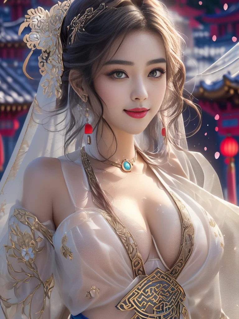 A female model, (Race:Chinese),((Ancient Chinese pavilions at night, moonlight, snow)), (8K Ultra HD, 8K, Ultra-high resolution, best quality, masterpiece, Surrealism, Digital SLR Camera, Soft Light, Bokeh, Masterpieces), ((((Beautiful model-like face))), (Creating the image of a real girl), warm light, Realistic shadows, Dynamic poses, Elegant Posture, Cowboy lens, Full body front view, Be confident, Body facing the camera, Standing facing the camera, Open your legs slightly, Golden Ratio Graphics, Minimalism), (Happy smile, Big watery eyes, Cherry Blossom, Balanced Eyes, Perfect beautiful face, Normal facial features, Realistic skin, Attention to skin details, Skin is clean and radiant, Whitening, Anatomically correct body, Hourglass figure, cosmetic, Gloves, earrings, bracelet, necklace, Jewelry, veil, Hair accessories, Headdress, shawl), ((beautiful hair), Dark brown hair, Big wavy curly hairstyle, Waist-length hair, Messy Hairstyle, Gradient hairstyles, Cyberpunk hairstyle), ((Transparent clothes：1.5), (Color of clothes: Two colors), Transparent Clothes, See-through clothes, Tulle clothes, Mesh clothes, Transparent sci-fi Hanfu, Shiny micro bikini bra, (Clothes that accentuate your bust shape)), (Sexy的, Perfect breast shape, Teardrop chest shape, Snow-white breasts, very detailed breasts, 36C cups), (Super high waist, Deep V, Low-cut, Sexy, Flattering, Open crotch, (Camel toe, High fork strangulation)), (sock, Knee socks, 吊garter, Leg ring, garter, 腿部garter), (style:Sexy,Mature), (Wet body:1.0) , (Wet clothes:1.0), (clothes pattern: line)