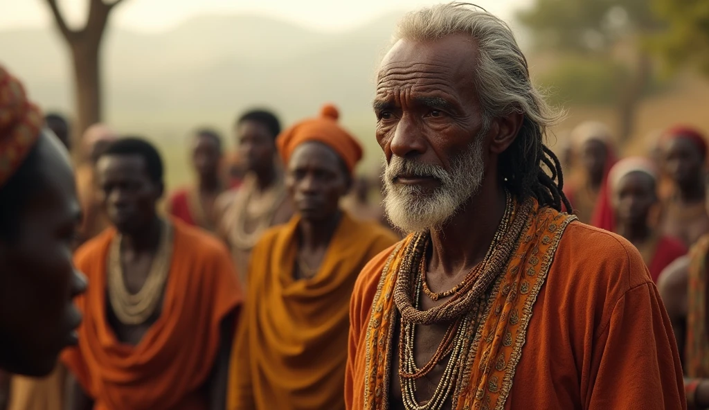 (African folktale) the king dedicating the rest of his life to healing the wounds he had caused.The villagers, seeing his transformation, forgave him, and peace returned to Ntabeni.
The king is an old wise man, dressed in regal buth worn-out attire ,
His expression is a mix of sorrow and anxious