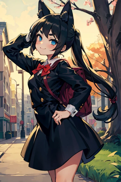 Young girl with black hair, long twintail, twintail hairstyle, (blue eyes), ((small bushy eyebrows)), (wolf ears up), wearing gothic ****ta, ****con clothes, going to school, dull eyes, dull face, going to school, flirtatious smile, small and perky breasts, in a park, wide hips, 