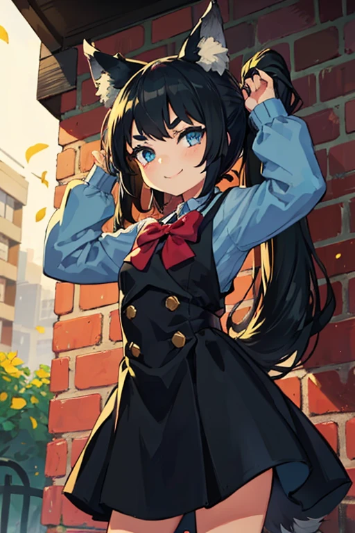 Young girl with black hair, long twintail, twintail hairstyle, (blue eyes), ((small bushy eyebrows)), (wolf ears up), wearing gothic lolita, lolicon clothes, going to school, dull eyes, dull face, going to school, flirtatious smile, small and perky breasts, in a park, wide hips, 