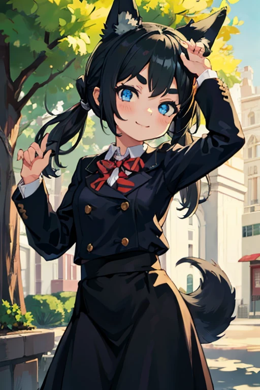 Young girl with black hair, long twintail, twintail hairstyle, (blue eyes), ((small bushy eyebrows)), (wolf ears up), wearing gothic lolita, lolicon clothes, going to school, dull eyes, dull face, going to school, flirtatious smile, small and perky breasts, in a park, wide hips, 