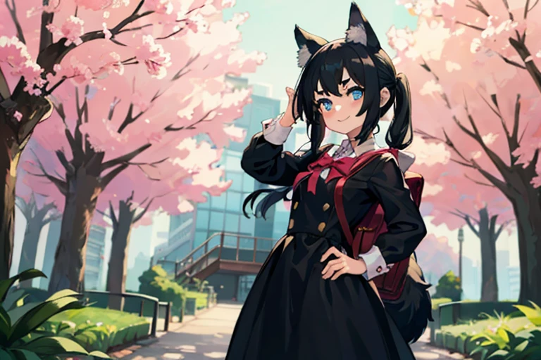 Young girl with black hair, long twintail, twintail hairstyle, (blue eyes), ((small bushy eyebrows)), (wolf ears up), wearing gothic ****ta, ****con clothes, going to school, dull eyes, dull face, going to school, flirtatious smile, small and perky breasts, in a park, wide hips, 