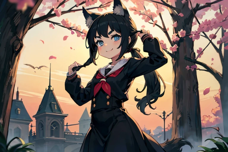 Young girl with black hair, long twintail, twintail hairstyle, (blue eyes), ((small bushy eyebrows)), (wolf ears up), wearing gothic ****ta, ****con clothes, going to school, dull eyes, dull face, going to school, flirtatious smile, small and perky breasts, in a park, wide hips, 