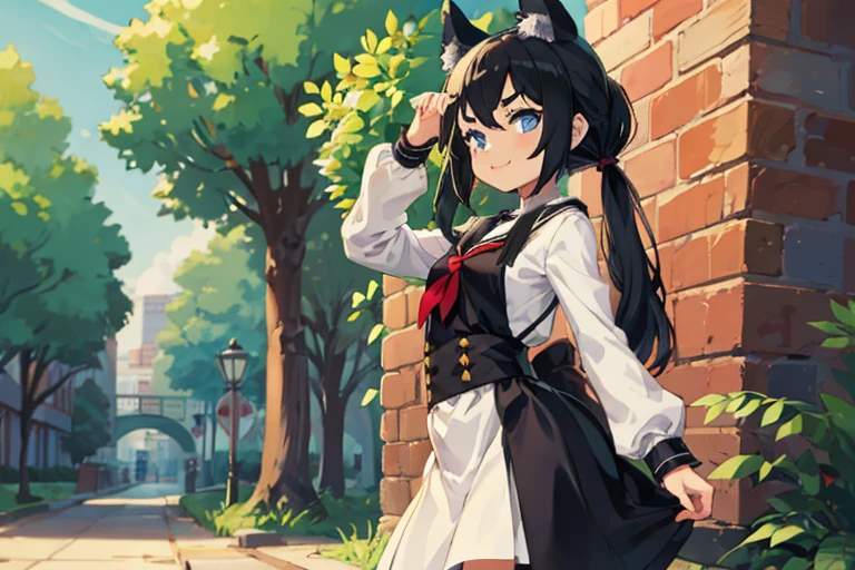 Young girl with black hair, long twintail, twintail hairstyle, (blue eyes), ((small bushy eyebrows)), (wolf ears up), wearing gothic lolita, lolicon clothes, going to school, dull eyes, dull face, going to school, flirtatious smile, small and perky breasts, in a park, wide hips, 