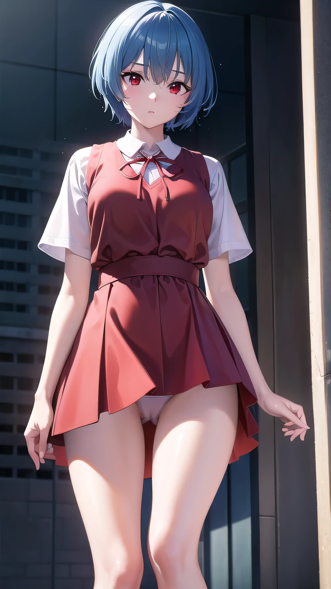 BREAK looking at viewer, BREAK (masterpiece:1.2), best quality, high resolution, unity 8k wallpaper, (illustration:0.8), (beautiful detailed eyes:1.6), extremely detailed face, perfect lighting, extremely detailed CG, (perfect hands, perfect anatomy),city,street,buildings,wet road,soft light,night,rei ayanami, blue hair, short hair, (red eyes:1.5),
blue dress, dress, neck ribbon, pinafore dress, red ribbon, ribbon, school uniform, short sleeves, short-sleeved sweater, sweater,wet uniform,nipples see through,upskirt,showing panties,camel toe,from below.