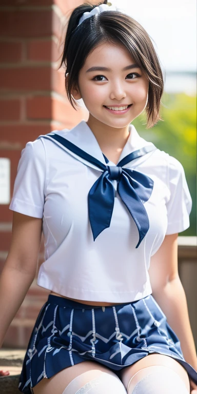 (8k、Raw photography、highest quality、masterpiece:1.2),(Black-haired、Very short hair:1.8),(ponytail:1.5)、View your viewers,Viewed from the front,White skin,(high school girl、The upper body is a light blue uniform:1.7)、(Checkered Skirt:1.4)、(Narrow waist:1.6)、(Clothes that accentuate the shape of the breasts:1.0)、(Big Breasts :1.3)、Slim figure、Ultra-high resolution,beautiful,beautiful fece,(one person、No background:1.9),whole bodyボディー,Japanese women,(reality的:1.37)、Photon Mapping,reality、(Baby-faced and cute: 1.6)、(Cute Smile: 1.8)、(Round face: 1.8)、Radio City、Physically Based Rendering、Depth of field rally background、photograph, (I can see your knees、Cute patterned white panties、Thigh close-up:1.8),(:1.4),whole body、Great quality