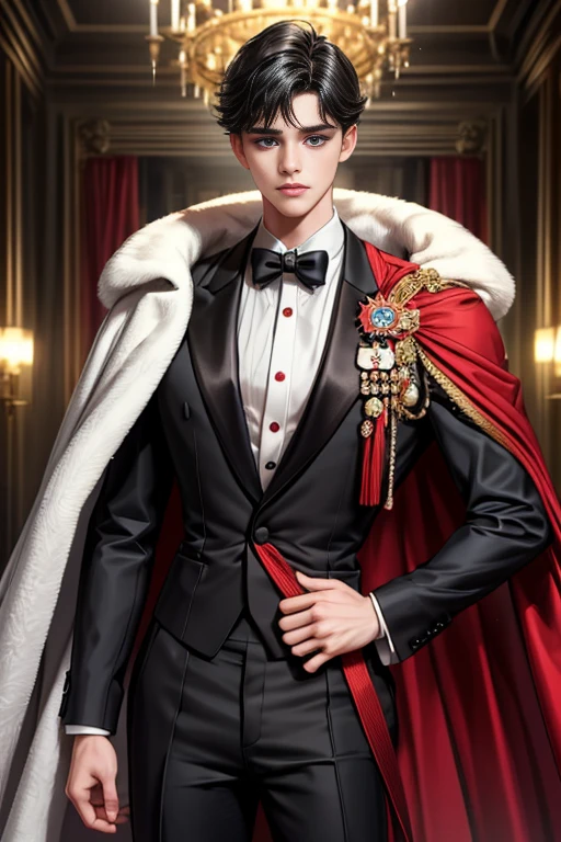 masterpiece, 最high quality, high quality, 1 boy, alone, Male focus, Watching the audience, Messy black hair, Adorable big blue eyes, White, Noble, Noble,A sexy, voluminous, puffy cape、tuxedo、A very voluminous, large, very large, very large, long, long red and black cape with a high stand-up collar, made of a lot of fabric that reaches down to the floor., ,Cute beautiful boys,Cute, cute, kind, handsome guy