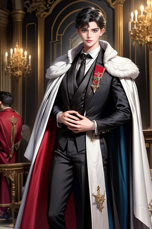 masterpiece, 最high quality, high quality, 1 boy, alone, Male focus, Watching the audience, Messy black hair, Adorable big blue eyes, White, Noble, Noble,A sexy, voluminous, puffy cape、tuxedo、A very voluminous, large, very large, very large, long, long red and black cape with a high stand-up collar, made of a lot of fabric that reaches down to the floor., ,Cute beautiful boys,Cute, cute, kind, handsome guy