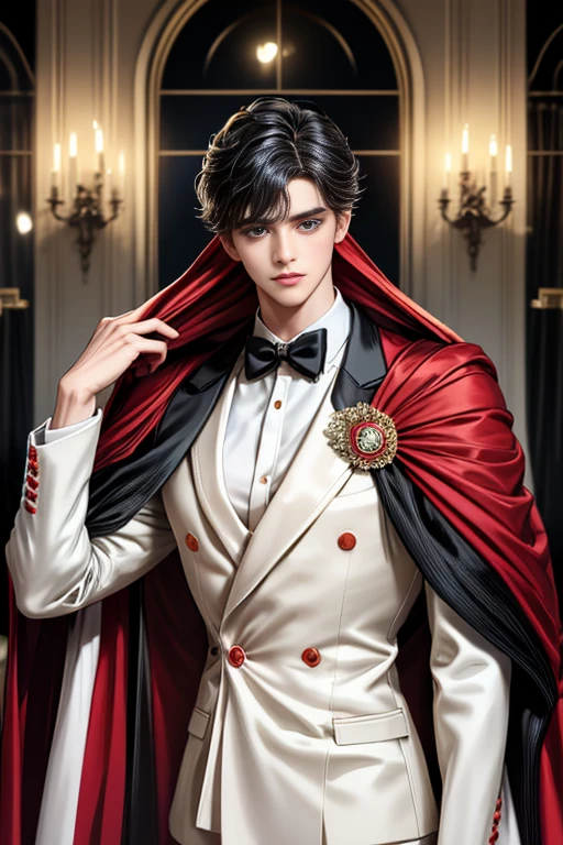 
masterpiece, 最high quality, high quality, 1 boy, alone, Male focus, Watching the audience,  Messy black hair, Adorable big blue eyes, White, Noble, Noble,A sexy, voluminous, puffy cape、tuxedo、A very voluminous, large, very large, very large, long, long red and black cape with a high stand-up collar, made of a lot of fabric that reaches down to the floor., ,Cute beautiful boys,Cute, cute, kind, handsome guy