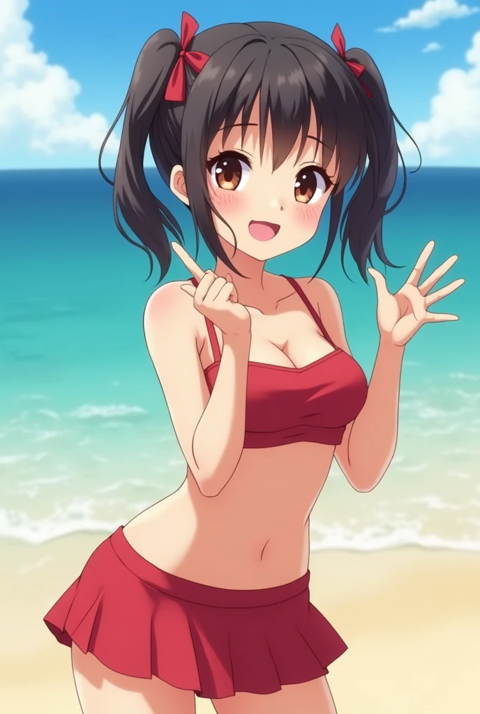 cute girl, (masterpiece:1.2, best quality), (real picture, intricate details), (8k, polished image), Japanese, big eyes, looking viewer, big smile, drooping eyes, shorthair, twin tail, (masterpiece:1.2, best quality), (real picture, intricate details), (8k, polished image), (masterpiece), best quality, short cut, delicate details, shy girl, round face, skirts, mini redswimwear,beach, solo, kid, Undressing, take off clothes,from side shot,doggy style,