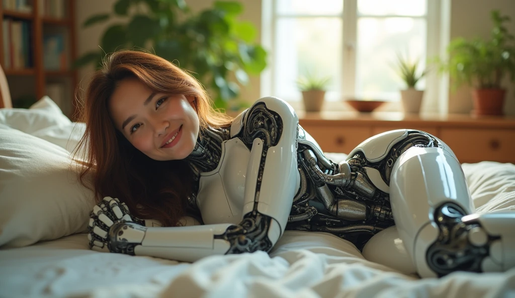 cyborg woman, mechanical body, laying on bed, smiling, indoors. soft lighting, plants in background, window with sunlight, cozy room, relaxed pose, realistic, intricate details, warm colors, whatsapp image, facebook image