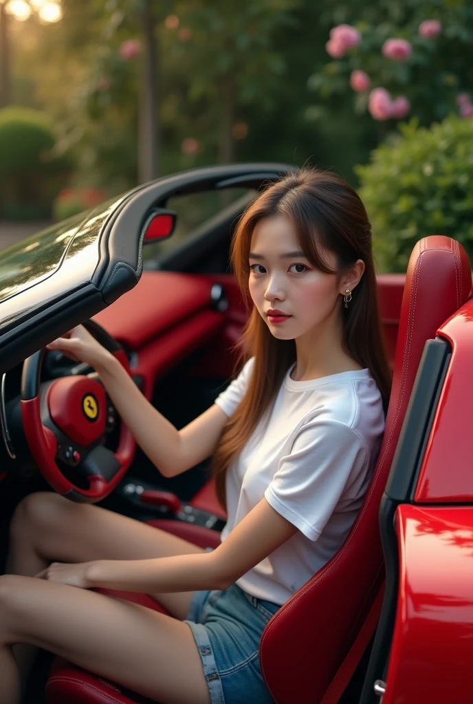 Highest quality, masterpiece, Ultra-high resolution, (Genuine: 1.4), Original photo, (Evening City), 1 person, Iris, Looking at the audience, Long Hair, light makeup, lips, Small ears, White T-shirt, Denim shorts, Earrings, Sit in Ferrari,, slim, Neat, garden