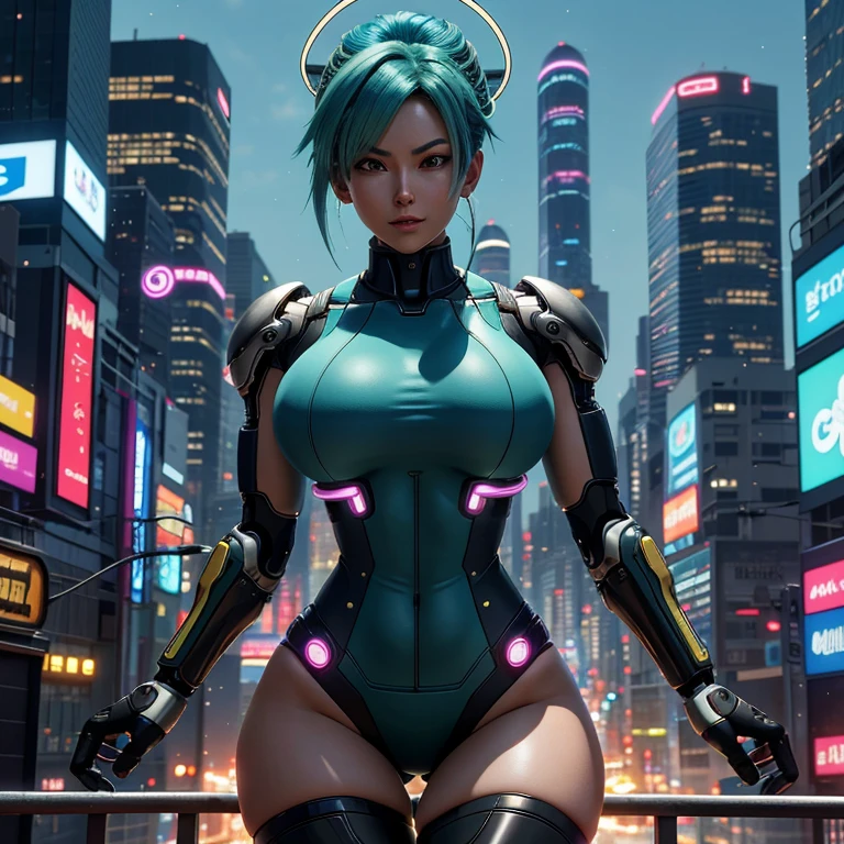 Anime-style image of Bulma with a curvaceous figure, boasting large breasts and an ample derriere. Her outfit is vibrant and colorful, fitting snugly to her body. Her design is detailed and intricate, a perfect blend of human and cybernetic elements. The background is a bustling cityscape with neon lights illuminating the night sky. The image is rendered in 8k resolution, with a cinematic illumination that enhances the sleek and glossy appearance of Bulma's cybernetic enhancements.
The sounds of the city filter through, a mix of humming machinery and chatter from the crowd. The scent of the city's unique