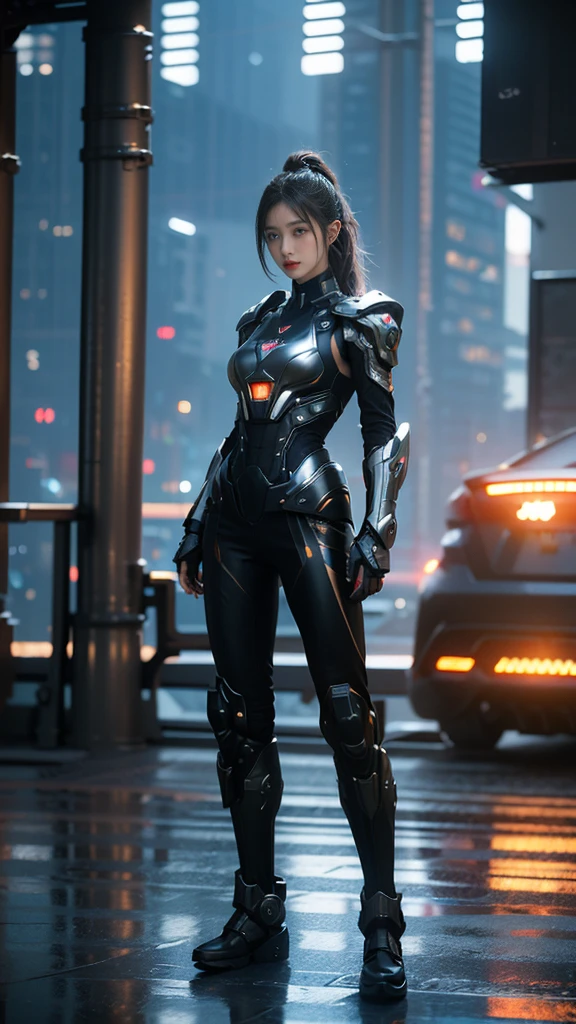 game art，best picture quality，Highest resolution，8k，((A half-length photo))，((portrait))，(rule of thirds)，Unreal Engine 5 rendering works， (Future girl)，(female warrior)， 22-year-old young hacker)，(ancient oriental hairstyle)，(Beautiful eyes full of details)，(big breasts)，(eye shadow)，Elegant and charming，indifferent，((frown))，(Combat suit full of futuristic technology，The costume combines futuristic power armor and，Clothing is decorated with glittering patterns and emblems)，cyberpunk characters，in the style of futuristic， photo poses，city background，lamp，Ray tracing，Game CG，((3D Unreal Engine))，OC rendering reflection pattern