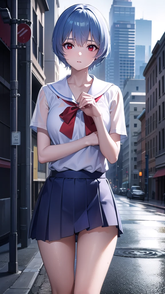 BREAK looking at viewer, BREAK (masterpiece:1.2), best quality, high resolution, unity 8k wallpaper, (illustration:0.8), (beautiful detailed eyes:1.6), extremely detailed face, perfect lighting, extremely detailed CG, (perfect hands, perfect anatomy),city,street,buildings,wet road,soft light,night,rei ayanami, blue hair, short hair, (red eyes:1.5),
blue dress, dress, neck ribbon, pinafore dress, red ribbon, ribbon, school uniform, short sleeves, short-sleeved sweater, sweater,wet uniform,nipples see through,upskirt,showing panties,camel toe.
