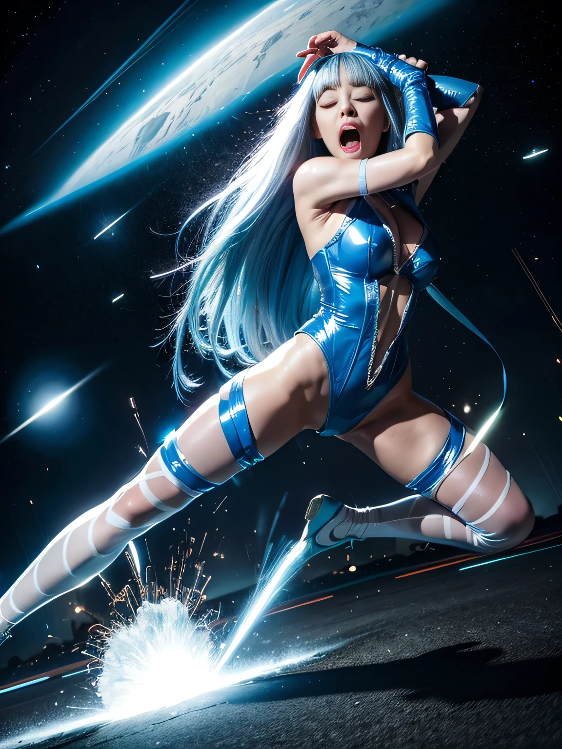 superheroine, long long gorgeous light blue hair, latex, leotard, blue and white costume, ped, many meteorites frying around, these meteorites exploding, ((exploding meteorites hiting her hard)), no escape,(cruelly), (painful), helps, eyes closed, ((screaming in pain)), body hitting, limbs hitting, hair hitting, all above hitting, twisting around, in alien land, fantastic world