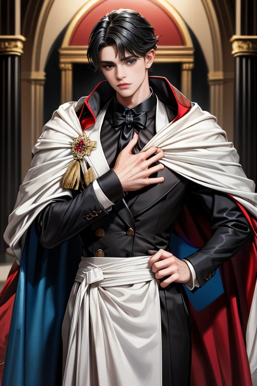 masterpiece, 最high quality, high quality, 1 boy, alone, Male focus, Watching the audience, Messy black hair, Adorable big blue eyes, White, Noble, Noble,A black and red cape that is bursting with sexy volume、Tuxedo、A very voluminous, large, very large, very large, long, long red and black cape with a high stand-up collar, made of a lot of fabric that reaches down to the floor., ,Cute beautiful boys,Cute, cute, kind, handsome guy