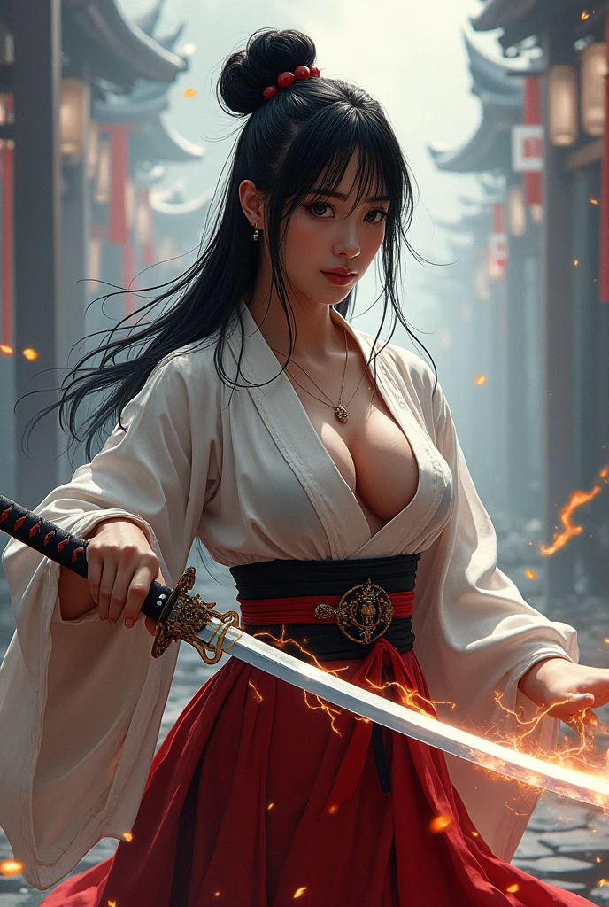 an asian samurai with long black hair tied in a bun, with medium breasts, wearing a kimono, and wielding a katana that emits electricity