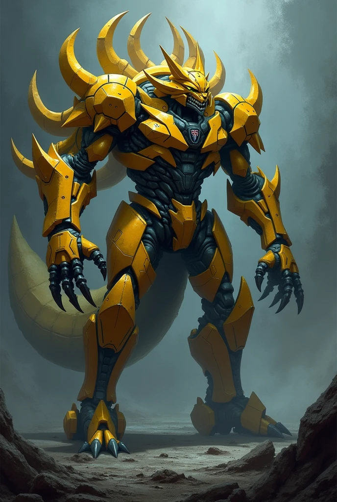 Make a dark yellow fox predacon transformers with 45 tails and four claws wearing a police helmet cape