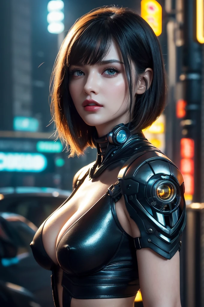 8k,Highly detailed illustration, Ultra-high resolution, masterpiece, Highest quality, Super Beauty,Skin with perfect radiance, Perfect lighting, Detailed lighting, Dramatic Shadows, Ray Tracing, 1 beautiful Caucasian woman, Looking at the audience, Very large breasts, Beautifully detailed hazel eyes, Sharp Face, Clear Eyes, Red lips, Long Bangs,, ((Cyberpunk Dark City)), ,masterpiece,Highest quality.Bright colors,Rich colors, Backlight, Cinema Lighting, Film Grain,  50mm lens, Nikon D850,Detailed character art,Fantasy art,Ultra-high resolution,Ultra-Realistic Skin,Perfect hand shape
Сексуальная поза, девушка полностью в кадре.
Красное нижнее бельё, полупрозрачное
