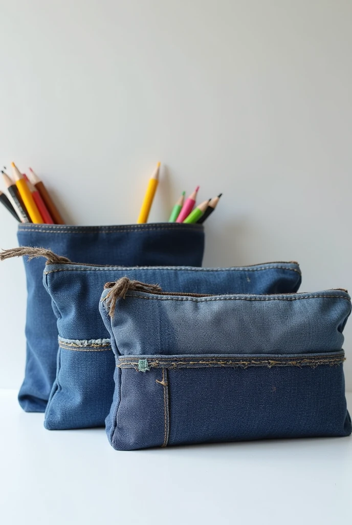 Create an image of 3 school pencil cases with denim scraps