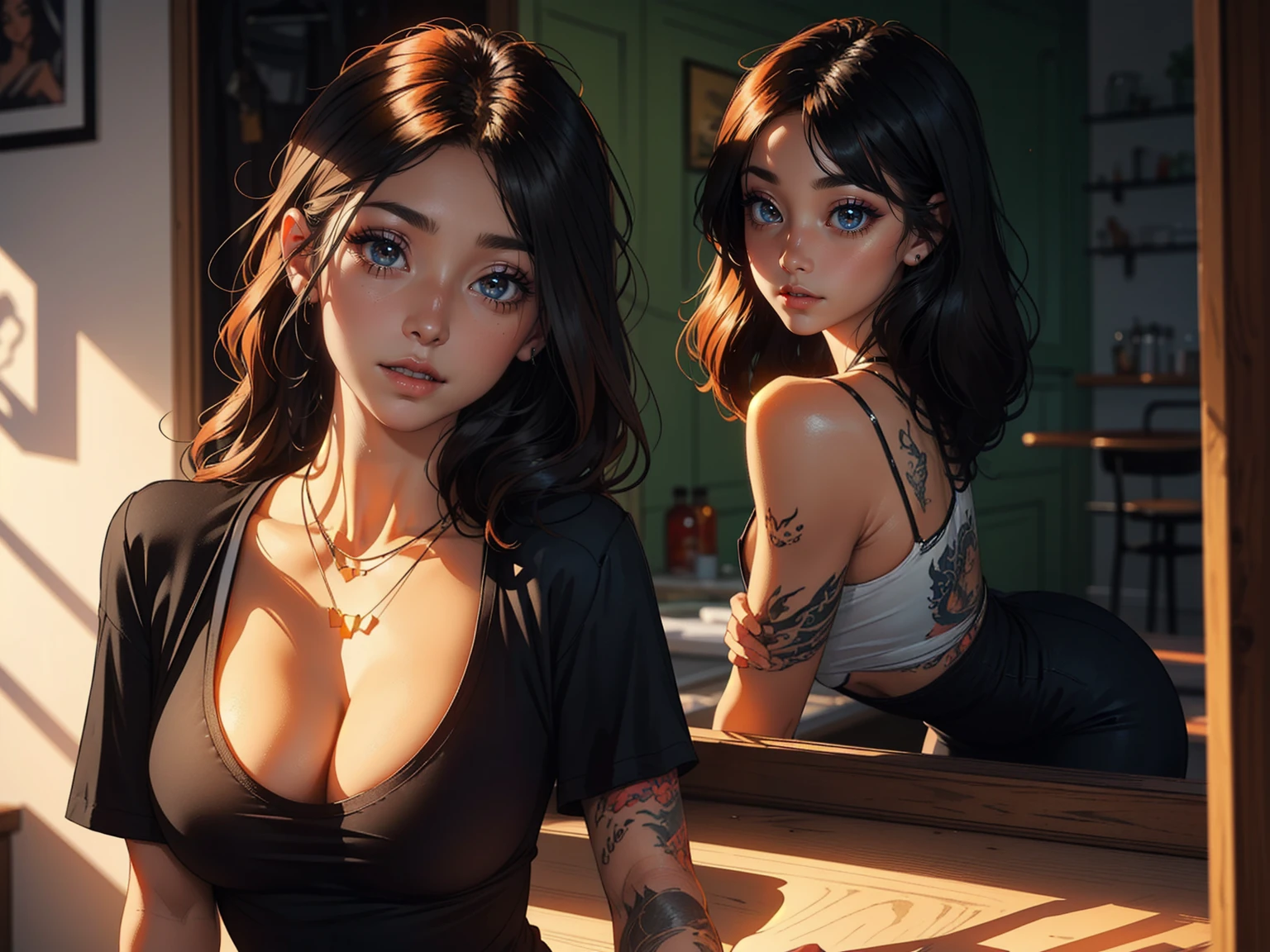 A stunning woman stands solo, hips slightly upturned, her detailed face radiating a sultry invitation. amber eyes shine like warm honey as she sports multi-colored hair with trendy bangs. A tattooed dragon wraps around her toned physique, visible beneath a fitted t-shirt that accentuates her chest. A delicate necklace glimmers against her skin as she confidently wears a sexy smile. Her mischievous gaze seems to say 'come closer', drawing the viewer's eye like a magnet. Framed by a soft, beauty is perfectly balanced and on full display, with the tip of the nipple showing through