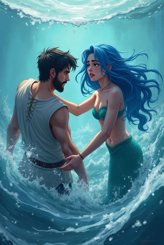 The mermaid trying to return to the sea、A young human man runs into the sea, splashing water as he desperately tries to hold himself back。
The man&#39;s right hand is holding the mermaid&#39;s wrist.。The man has no beard。The man is dressed both top and bottom.。The water is so high that the two of them are unable to see below the waist.。
The blue-haired mermaid princess sadly refuses the man&#39;s hand。
The man has no beard。The man ran into the sea with more vigor.、Catch the turning mermaid。
