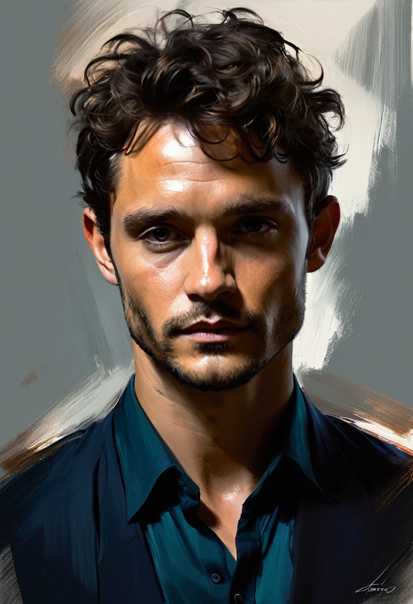 Digital painting,expressive,bold strokes,Highly detailed portrait of 25 year old man Hugh Dancy,sombre colours and wide dynamic range,dramatic lighting,Image should have sharp details and realistic skin tone,simple background,in the style of Henry Asensio