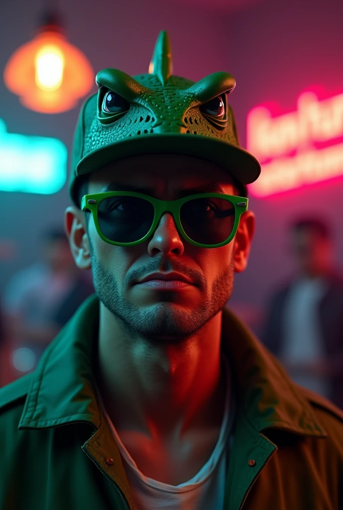 Make a boy men and the expression of the face is grumpy inside the bar disco and have shades and bunnet of cutie hat dinasour color green and the background have nane “kumu hunter entertainment” make it 3d the size of picture is 500x500