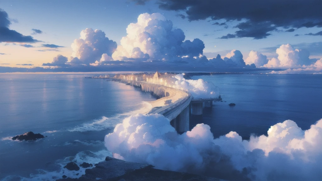 Beautiful wallpaper, beautiful scenery, blue sea, big clouds, small lights flying,