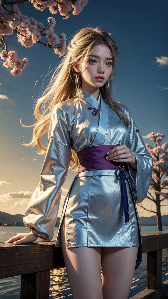 (masterpiece, Top quality, best quality, Official Art, Beautiful and aesthetic 1.2), (1 Girl 1.2), Lovely, Extremely detailed,(Summary 1.4, fractal Art 1.3),(silver_Hair 1.1), destiny \(series\), rich and colorful,The most detailed, fire, ice, lightning, (splash_Art 1.2), Jewelry 1.4, Hanfu, landscape, ink,perspective_China_skirt,light,Nice legs and hot body