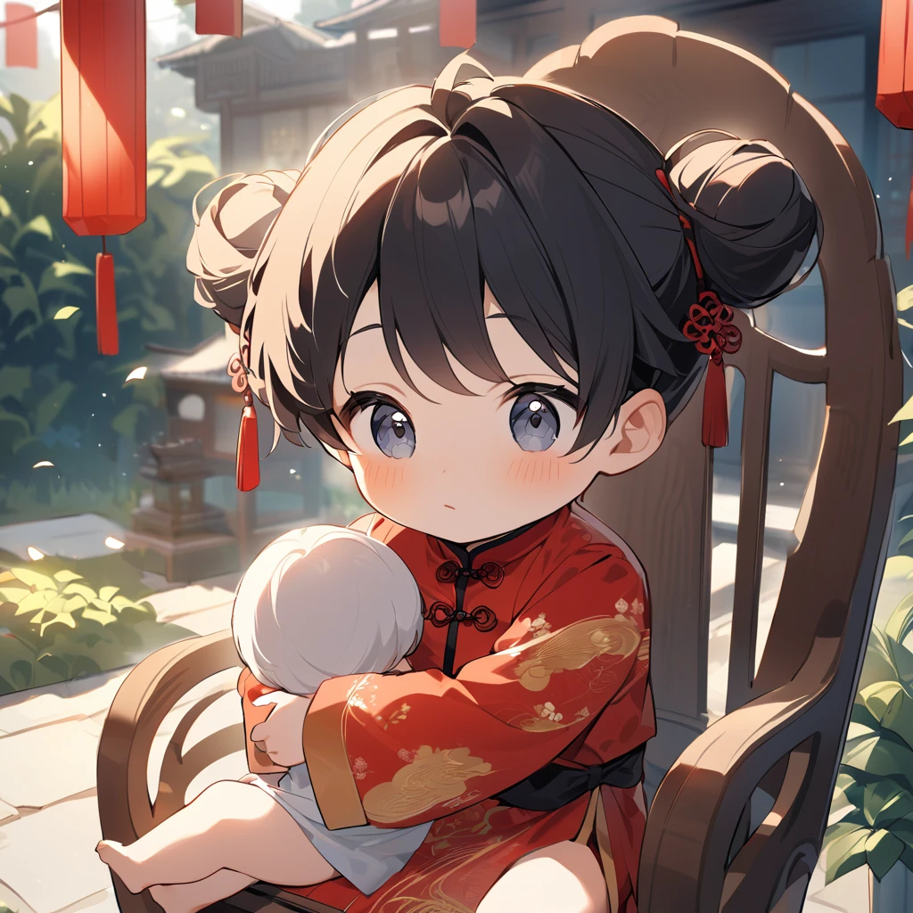 A handsome young man with a good face and a gentle face, wearing a white ancient Chinese costume, sitting on a chair, hugging his  sister, who is 1 year o her hair tied in two buns, black hair, in a red Chinese New Year costume. In the morning, there is sunlight shining in the front yard garden.