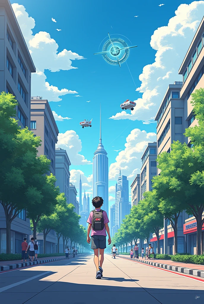 Vertical anime drawing of a ager walking on an ordinary street in the present to the future path, high-tech, full of technology, with points showing Thai identity, Thai flag.