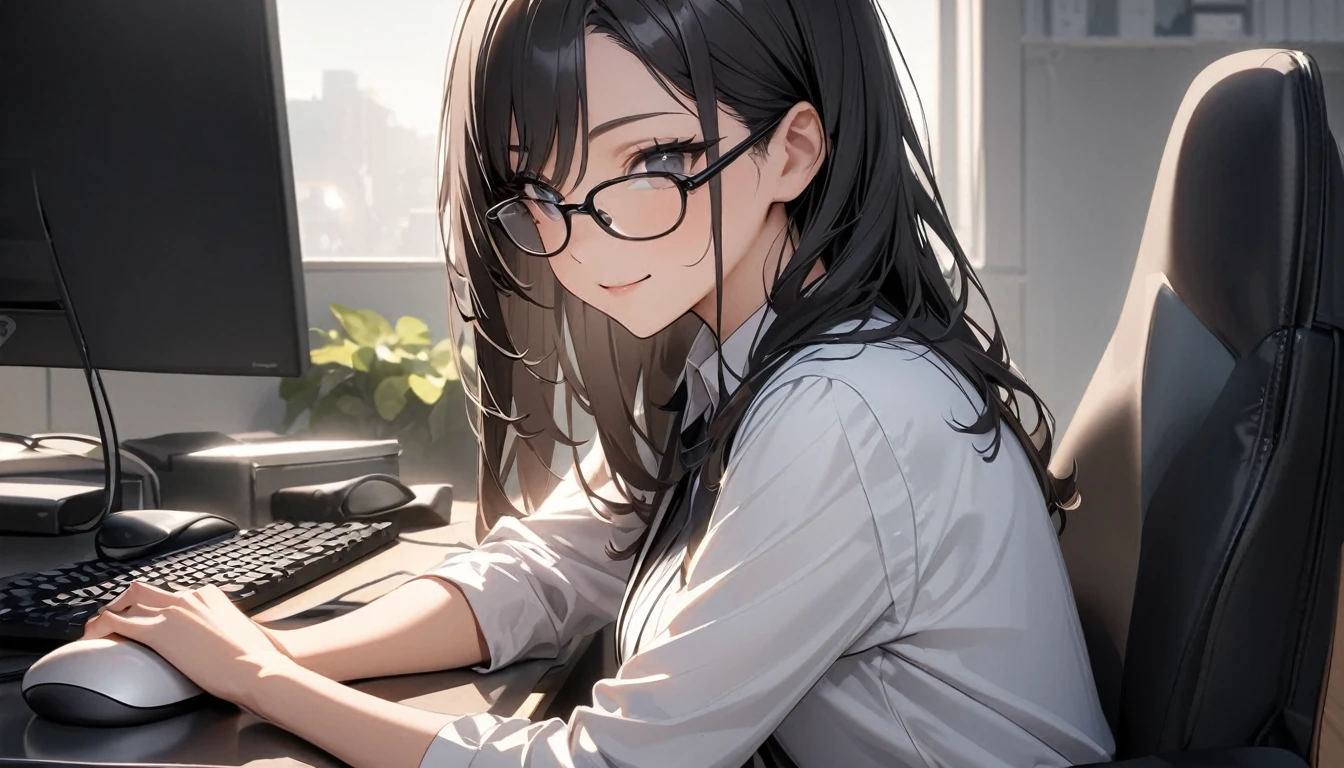 パソコンで仕事をするProfessionalグラマー,Portraiture,Professional,Wearing a smart suit,Stylish glasses,Typing on a sophisticated computer,Use a wireless mouse,Sitting at a modern desk,A soft smile,Soft natural light,High resolution,High resolution,Very detailed.One Woman ,alone, Beautiful black hair ,Undistorted keyboard, focusing