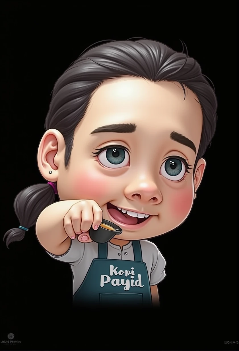 A Malaysia Man, 27 year, Make me a realistic and nice photo of a bartender making coffee with the apron with the name Kopi Payid on it