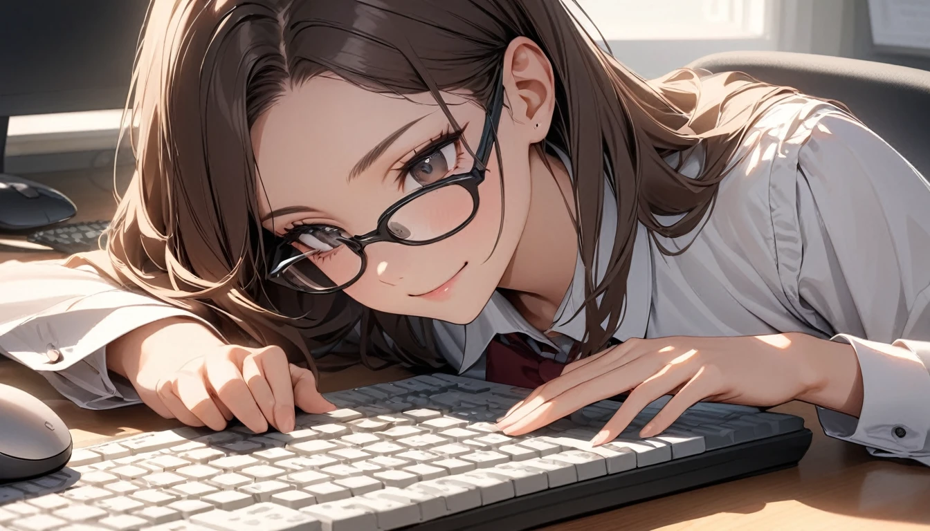 パソコンで仕事をするProfessionalグラマー,Portraiture,Professional,Wearing a smart suit,Stylish glasses,Typing on a sophisticated computer,Use a wireless mouse,Sitting at a modern desk,A soft smile,Soft natural light,High resolution,High resolution,Very detailed.One Woman ,alone, Dark brown hair ,Undistorted keyboard, focusing