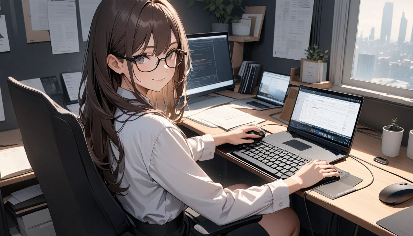 パソコンで仕事をするProfessionalグラマー,Portraiture,Professional,Wearing a smart suit,Stylish glasses,Typing on a sophisticated computer,Use a wireless mouse,Sitting at a modern desk,A soft smile,Soft natural light,High resolution,High resolution,Very detailed.One Woman ,alone, Dark brown hair ,Undistorted keyboard, focusing