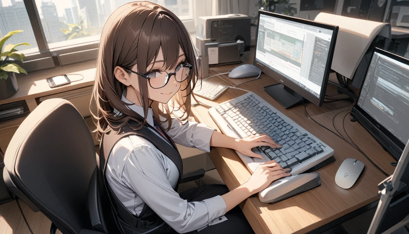 パソコンで仕事をするProfessionalグラマー,Portraiture,Professional,Wearing a smart suit,Stylish glasses,Typing on a sophisticated computer,Use a wireless mouse,Sitting at a modern desk,A soft smile,Soft natural light,High resolution,High resolution,Very detailed.One Woman ,alone, Dark brown hair ,Undistorted keyboard, focusing